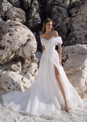 Off Shoulder Ivory Organza Slit Modern Wedding Dress